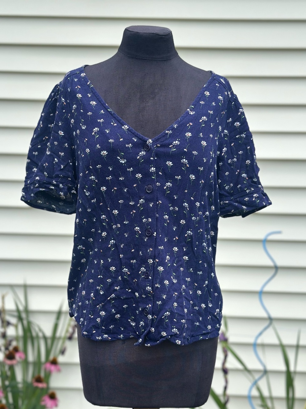Elodie Navy Floral Button-Front Short Sleeve Blouse